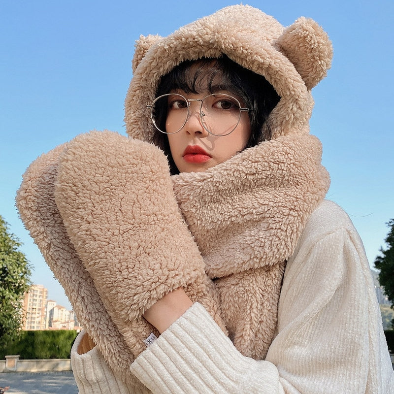 Women's Fleece Bear Ear Hat, Scarf & Gloves Set beige by HitMyNeed