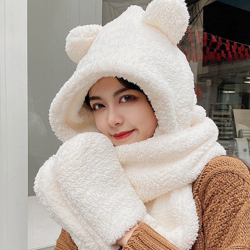Women's Fleece Bear Ear Hat, Scarf & Gloves Set white by HitMyNeed