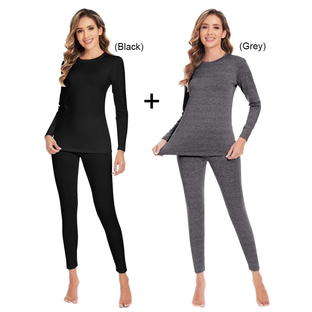Women's Fleece Lined Thermal Underwear Set black-and-grey xs by HitMyNeed