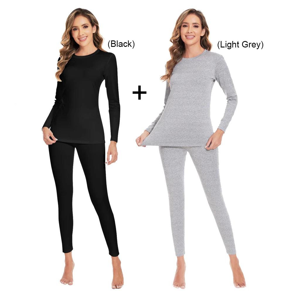Women's Fleece Lined Thermal Underwear Set black-and-light-grey l by HitMyNeed