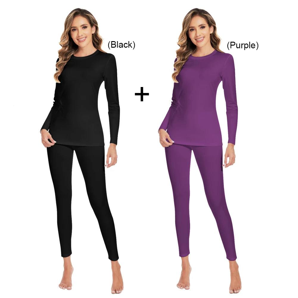 Women's Fleece Lined Thermal Underwear Set black-and-purple xs by HitMyNeed