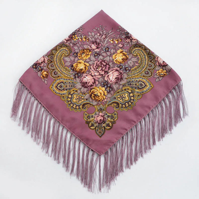 Women's Floral Russian Square Scarf with Fringe by HitMyNeed
