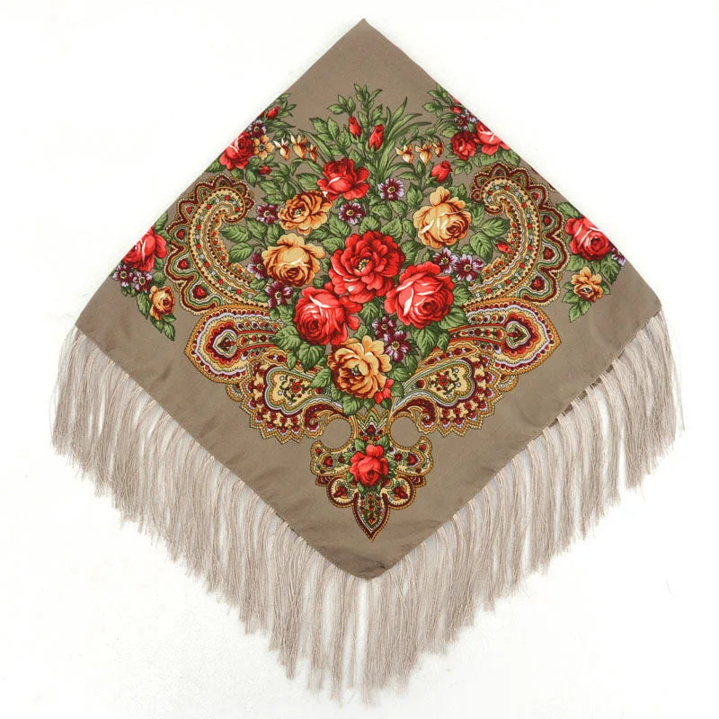 Women's Floral Russian Square Scarf with Fringe by HitMyNeed