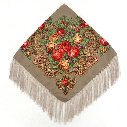 Women's Floral Russian Square Scarf with Fringe by HitMyNeed