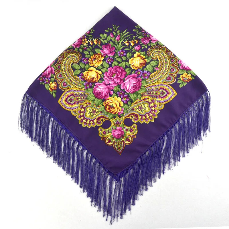 Women's Floral Russian Square Scarf with Fringe by HitMyNeed