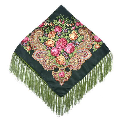 Women's Floral Russian Square Scarf with Fringe army-green by HitMyNeed