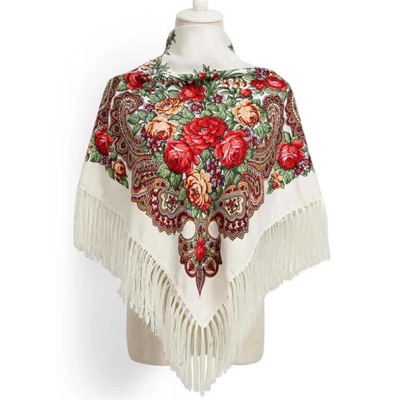 Women's Floral Russian Square Scarf with Fringe beige by HitMyNeed