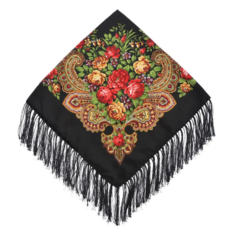 Women's Floral Russian Square Scarf with Fringe black by HitMyNeed