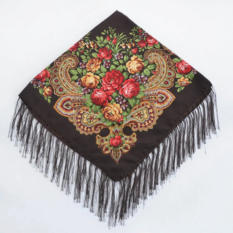 Women's Floral Russian Square Scarf with Fringe coffee by HitMyNeed