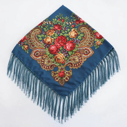 Women's Floral Russian Square Scarf with Fringe cyan by HitMyNeed