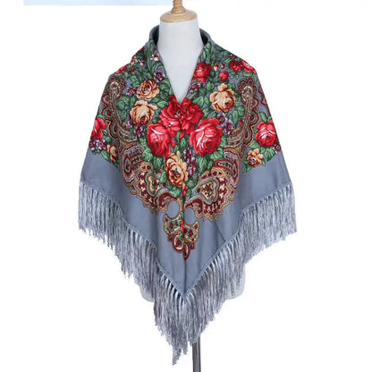 Women's Floral Russian Square Scarf with Fringe grey by HitMyNeed