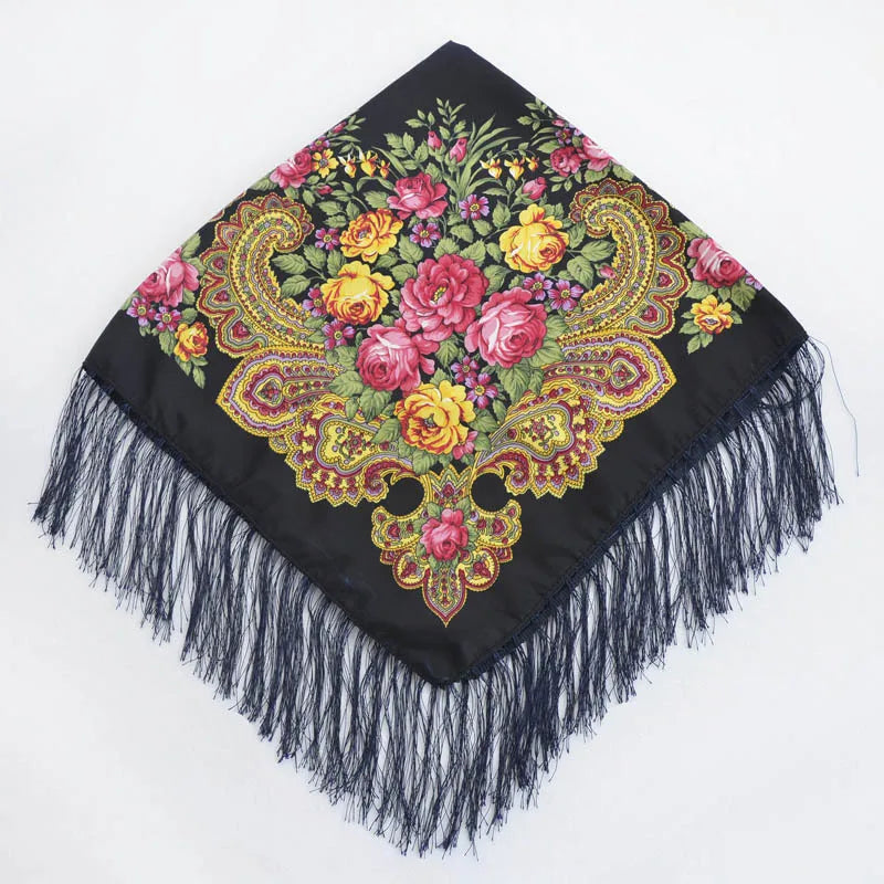 Women's Floral Russian Square Scarf with Fringe navy-blue by HitMyNeed