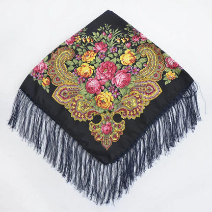 Women's Floral Russian Square Scarf with Fringe navy-blue by HitMyNeed
