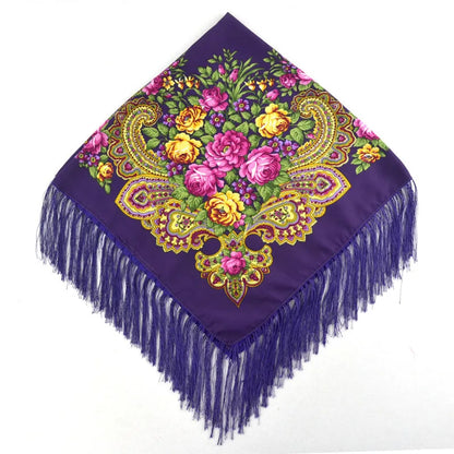Women's Floral Russian Square Scarf with Fringe purple by HitMyNeed