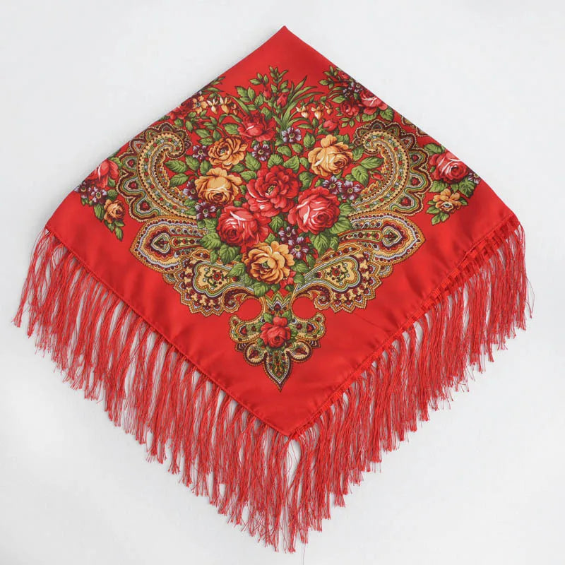 Women's Floral Russian Square Scarf with Fringe red by HitMyNeed