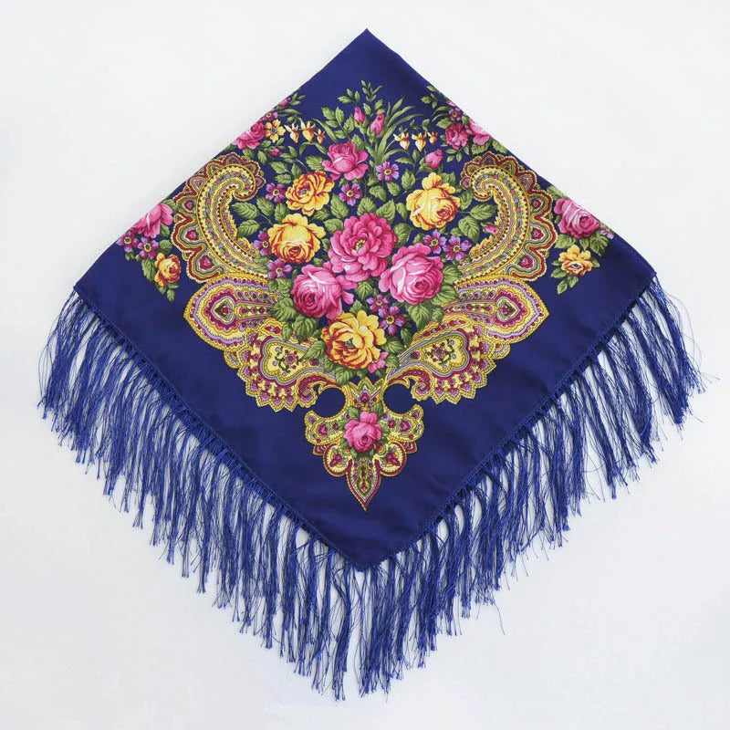 Women's Floral Russian Square Scarf with Fringe royal-blue by HitMyNeed
