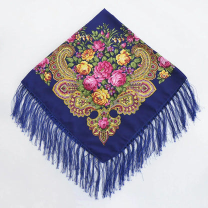 Women's Floral Russian Square Scarf with Fringe royal-blue by HitMyNeed