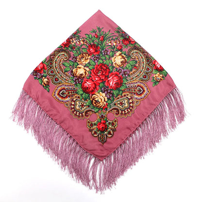 Women's Floral Russian Square Scarf with Fringe skin-pink by HitMyNeed