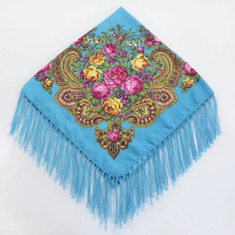 Women's Floral Russian Square Scarf with Fringe sky-blue by HitMyNeed