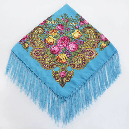 Women's Floral Russian Square Scarf with Fringe sky-blue by HitMyNeed