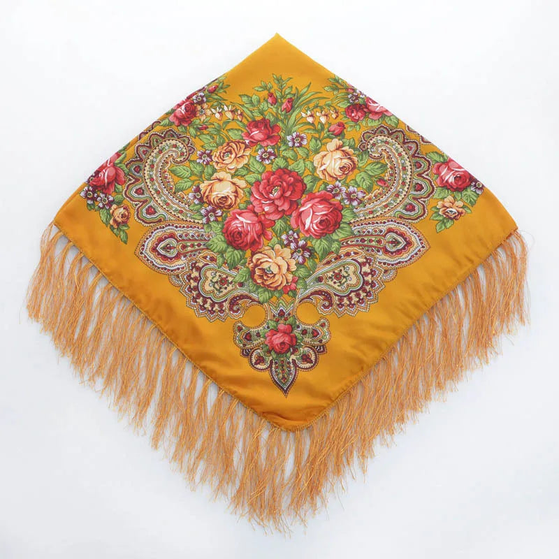 Women's Floral Russian Square Scarf with Fringe turmeric by HitMyNeed