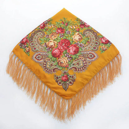 Women's Floral Russian Square Scarf with Fringe turmeric by HitMyNeed