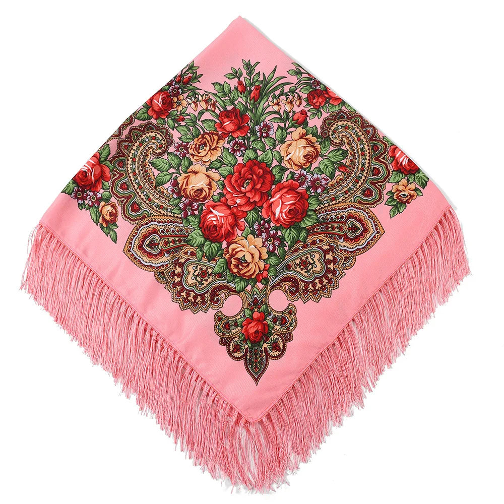 Women's Floral Russian Square Scarf with Fringe watermolen-red by HitMyNeed