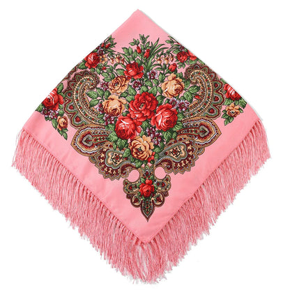 Women's Floral Russian Square Scarf with Fringe watermolen-red by HitMyNeed