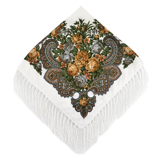 Women's Floral Russian Square Scarf with Fringe white-green by HitMyNeed