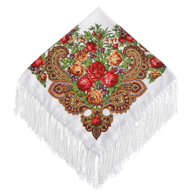 Women's Floral Russian Square Scarf with Fringe white-red by HitMyNeed