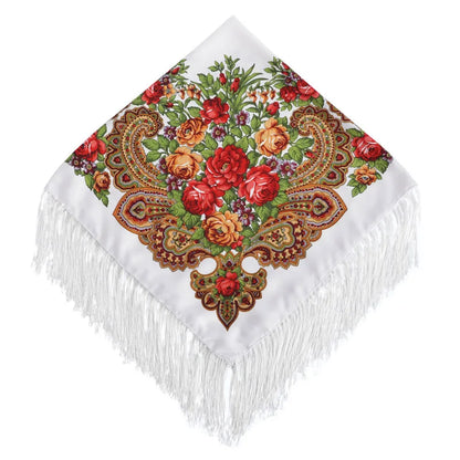 Women's Floral Russian Square Scarf with Fringe white-red by HitMyNeed