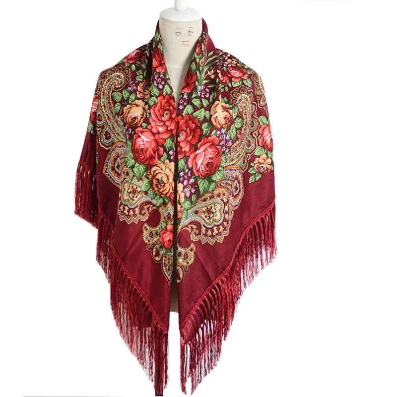 Women's Floral Russian Square Scarf with Fringe wine-red by HitMyNeed
