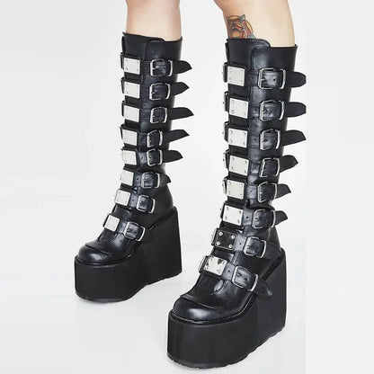Women's Gothic Thigh High Platform Wedge Boots black-matte 41.0 by HitMyNeed