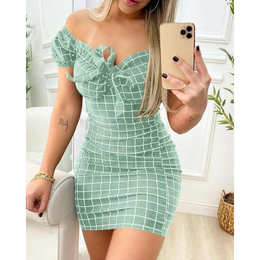 Women's Grid Print Summer Mini Dress green m by HitMyNeed