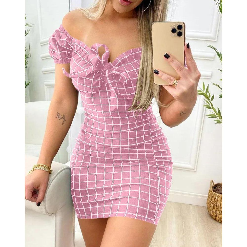 Women's Grid Print Summer Mini Dress pink m by HitMyNeed