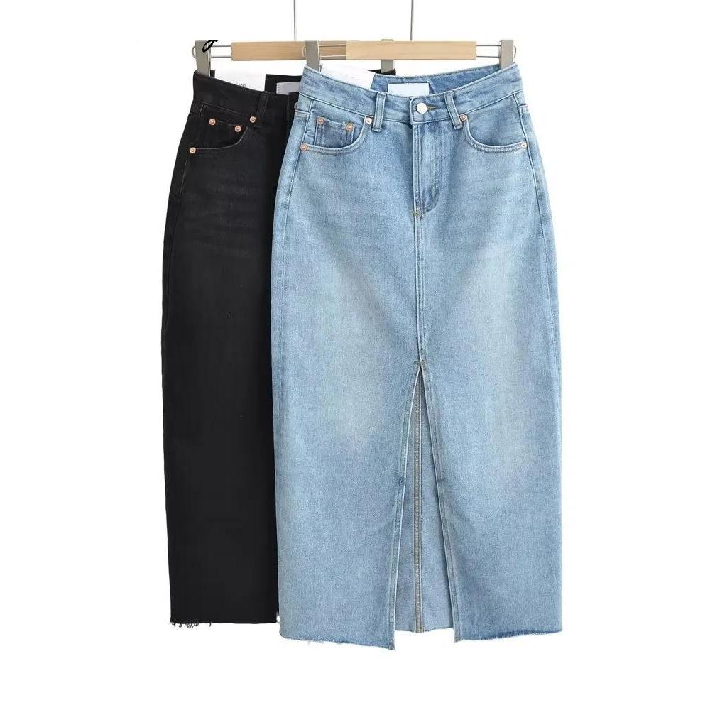 Women's High Slit Vintage Denim Skirt with Pockets by HitMyNeed
