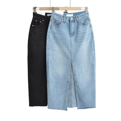Women's High Slit Vintage Denim Skirt with Pockets by HitMyNeed