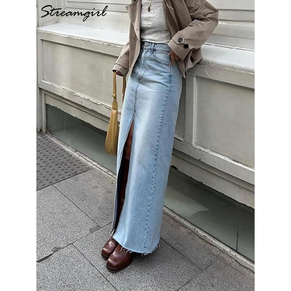 Women's High Slit Vintage Denim Skirt with Pockets by HitMyNeed