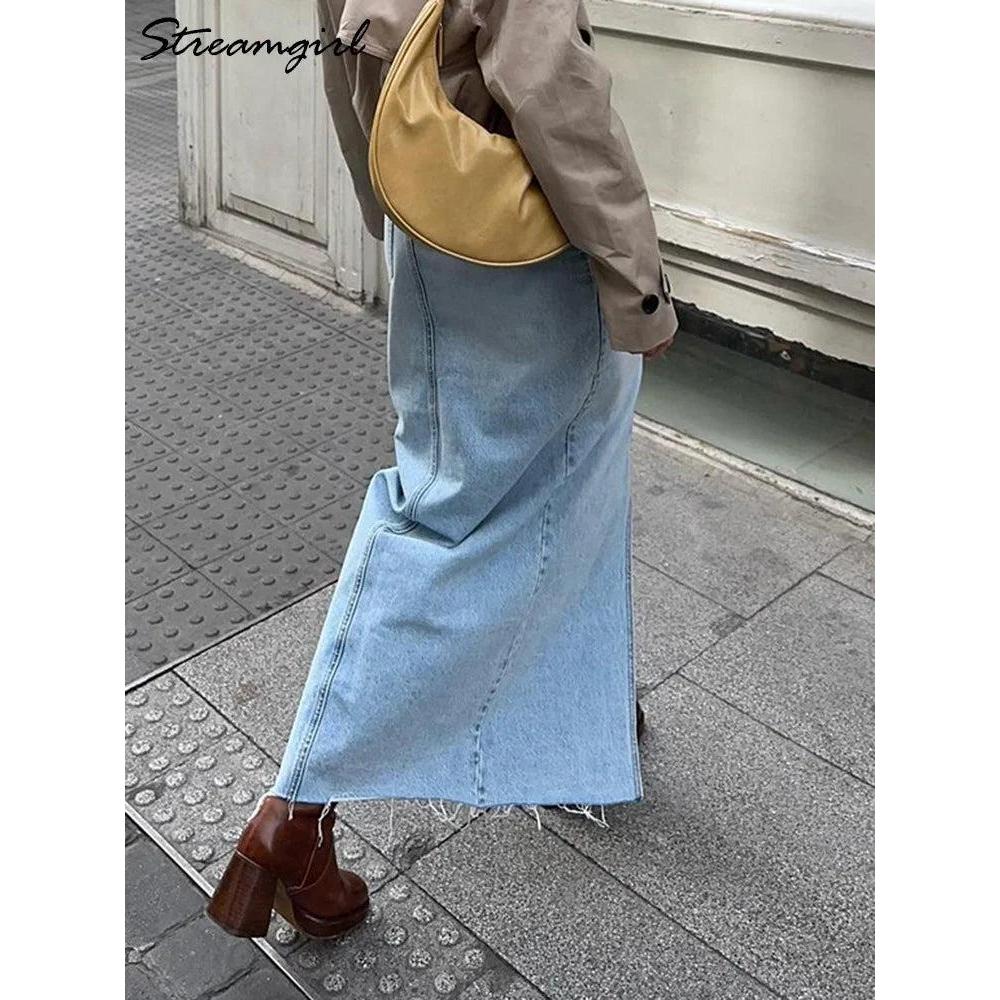 Women's High Slit Vintage Denim Skirt with Pockets by HitMyNeed