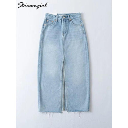 Women's High Slit Vintage Denim Skirt with Pockets by HitMyNeed