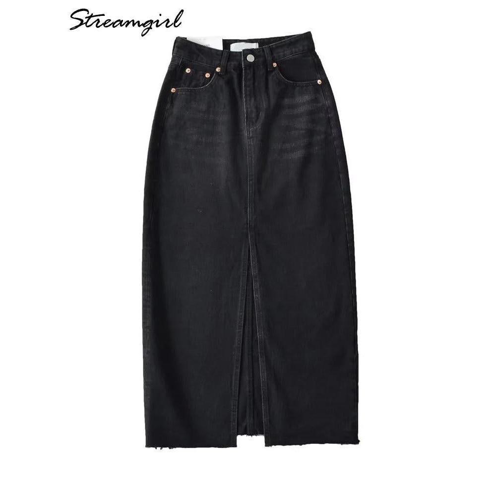 Women's High Slit Vintage Denim Skirt with Pockets by HitMyNeed