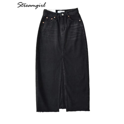 Women's High Slit Vintage Denim Skirt with Pockets by HitMyNeed