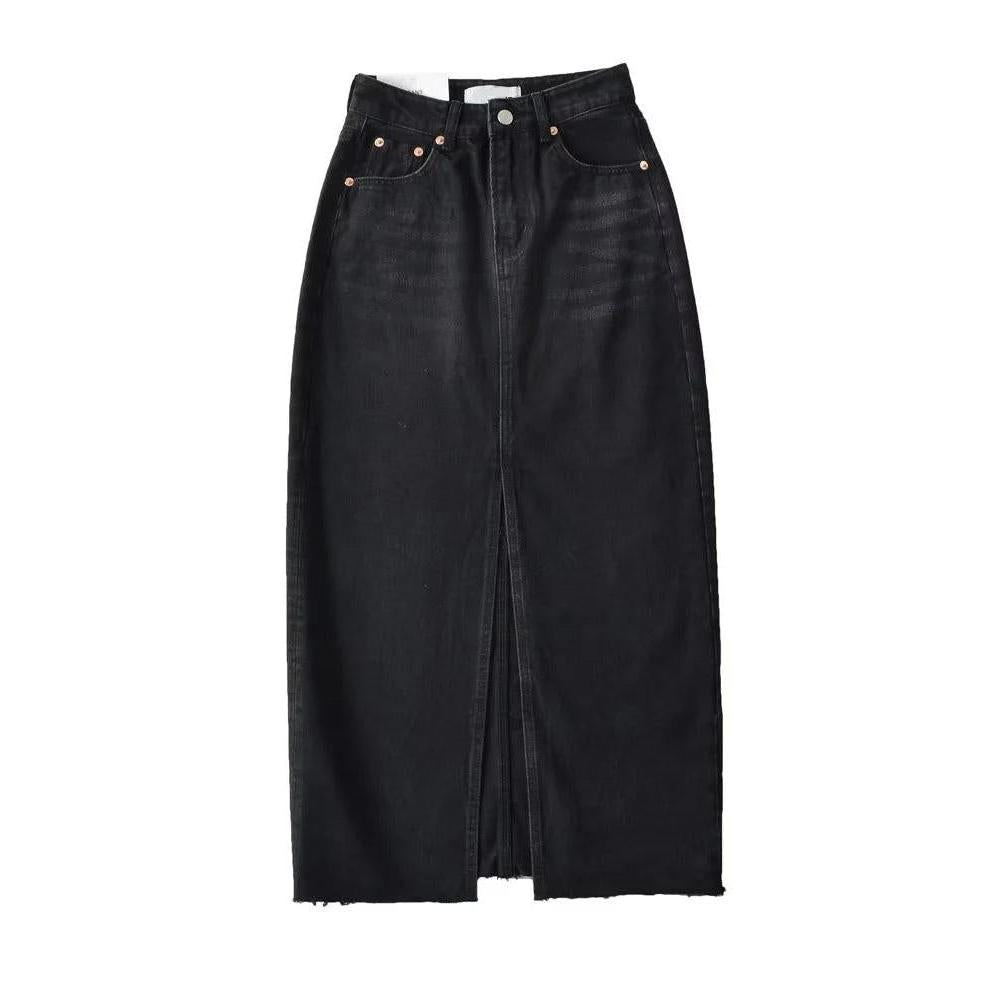 Women's High Slit Vintage Denim Skirt with Pockets black l by HitMyNeed