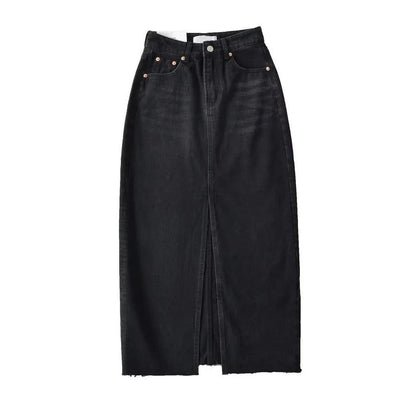 Women's High Slit Vintage Denim Skirt with Pockets black l by HitMyNeed