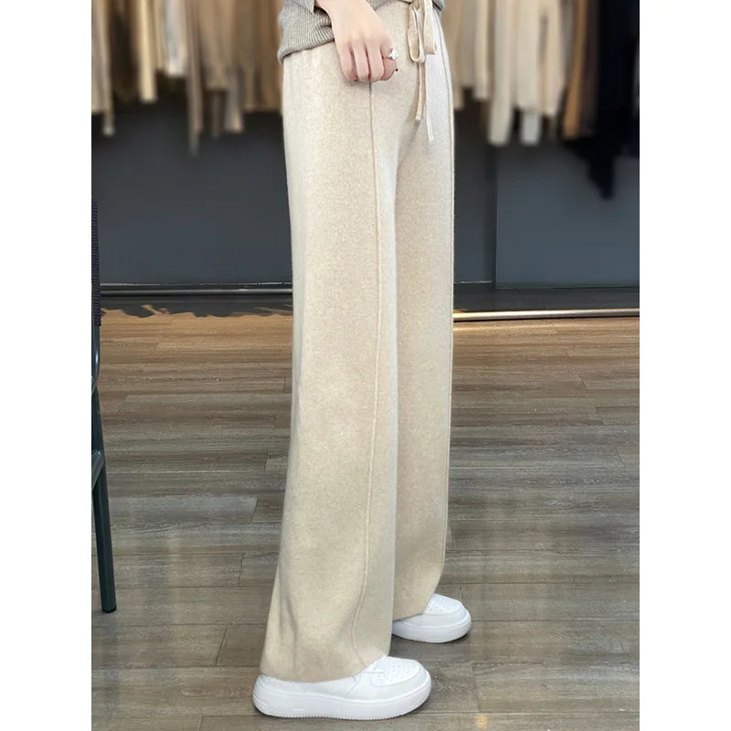 Women's High Waist 100% Merino Wool Pants beige-and-flower l by HitMyNeed