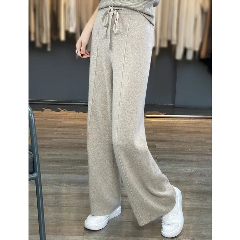 Women's High Waist 100% Merino Wool Pants milk-camel l by HitMyNeed