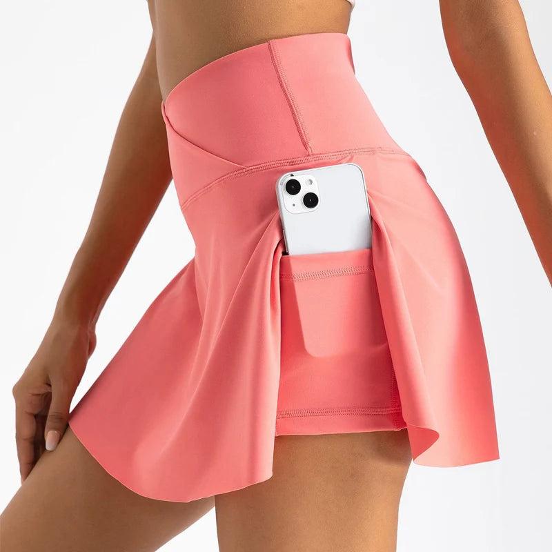 Women's High-Waist Tennis Skirt with Side Pockets orange s by HitMyNeed