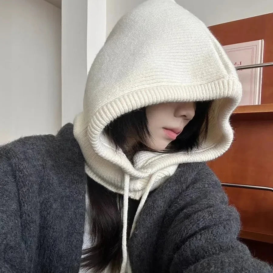 Women's Knitted Hooded Balaclava with Neck Warmer white by HitMyNeed