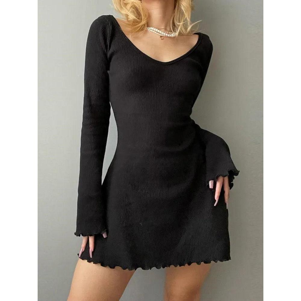 Women's Knitted V-Neck Office Dress with Irregular Hem by HitMyNeed
