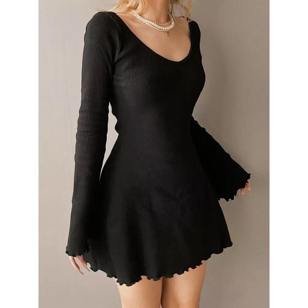 Women's Knitted V-Neck Office Dress with Irregular Hem by HitMyNeed